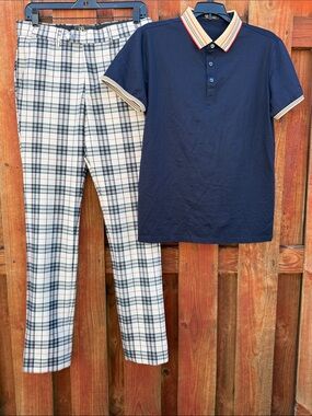 Classic Navy Polo with White Plaid Dress Pants Set Size S